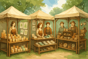 Artisan Fair Booths. Charming scene of artisan booths selling candles, leaf-printed stationery, handmade soaps and rustic crafts