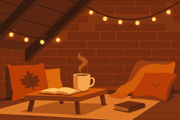 Cozy Autumn Loft. Flat banner of cozy loft with string lights, low table, hot drink, autumn pillows and relaxed reading area. © Vector