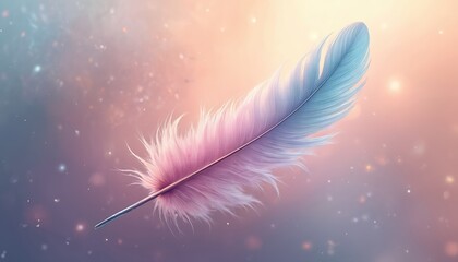 Naklejka premium Abstract feather artwork displays soft pastel colors with ethereal flowing patterns. Gentle gradient background, delicate texture, dreamy fantasy illustration. Modern creative art, wallpaper,