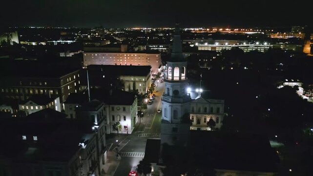 charleston South Carolina city drone shot during the night. 