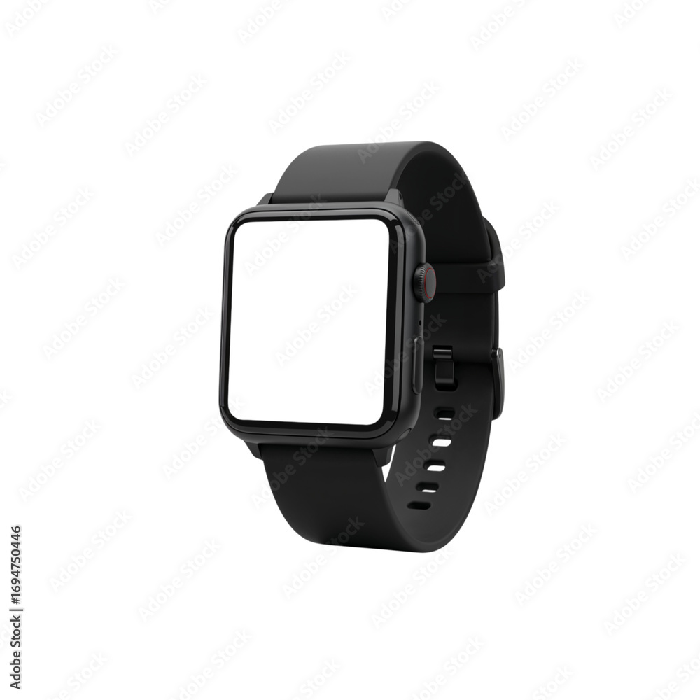 Poster sleek black smartwatch displaying time and notifications on wrist transparent background