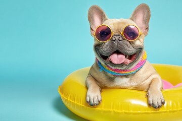 Playful dog in sunglasses on inflatable ring (1)