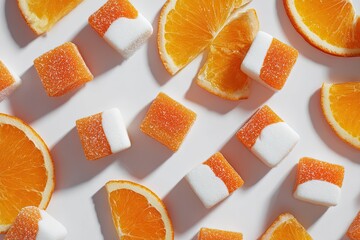 Orange slices and square jellies on a white background