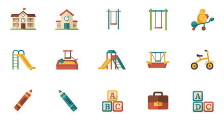 Colorful school and playground icons for early childhood education design