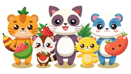 Fototapeta premium vector graphics, bushes, animals, fruits, berries, flowers, beavers, cats, squirrels, bugs, raccoons, chanterelles, frogs, birds, worms, clouds, banner, advertising, juices, children's, cartoon, natur