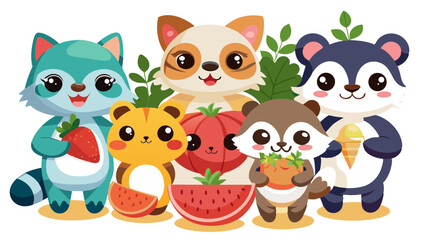 Fototapeta premium vector graphics, bushes, animals, fruits, berries, flowers, beavers, cats, squirrels, bugs, raccoons, chanterelles, frogs, birds, worms, clouds, banner, advertising, juices, children's, cartoon, natur