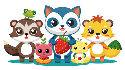 vector graphics, bushes, animals, fruits, berries, flowers, beavers, cats, squirrels, bugs, raccoons, chanterelles, frogs, birds, worms, clouds, banner, advertising, juices, children's, cartoon, natur