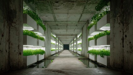 Concrete tunnel with vertical hydroponic gardens