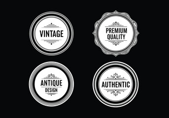 Set of vintage black and white premium quality logos with ornate frames, circular badge designs, and elegant typography, perfect for luxury branding, packaging, handcrafted products, and antique style
