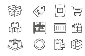 Bulk Deal Icons. Line style icons of bulk deals: multi-pack box, “3 for 2” tag, big bag with label, stacked goods; warehouse shelf