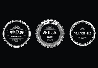 Set of vintage black and white premium quality logos with ornate frames, circular badge designs, and elegant typography, perfect for luxury branding, packaging, handcrafted products, and antique style
