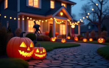 Halloween pumpkins and decorations outside a house. Night view of a house with halloween decoration, digital ai. High quality