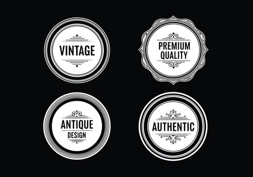 Set of vintage black and white premium quality logos with ornate frames, circular badge designs, and elegant typography, perfect for luxury branding, packaging, handcrafted products, and antique style