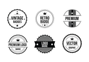 Set of vintage black and white premium quality logos with crown icons, ribbon banners, and star elements, perfect for branding, marketing, packaging, and exclusive product label design