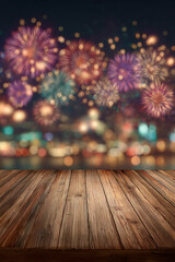 Festive fireworks display over a city skyline, with a wooden table in the foreground for celebrations