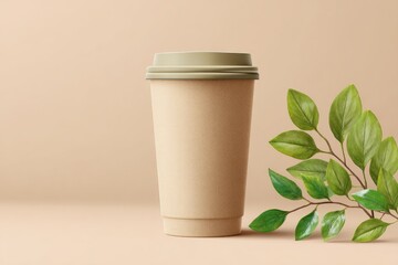 Beige coffee cup, green leaves, minimalist still life