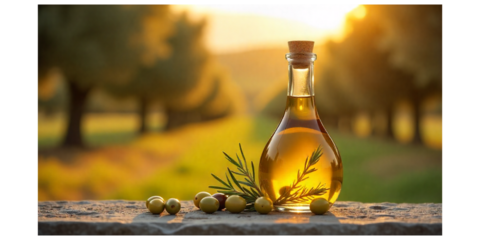 a glass bottle of olive oil with olives and rosemary arranged artistically in a natural setting.