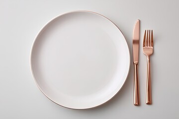 A pristine white plate with rose gold cutlery on a light gray surface