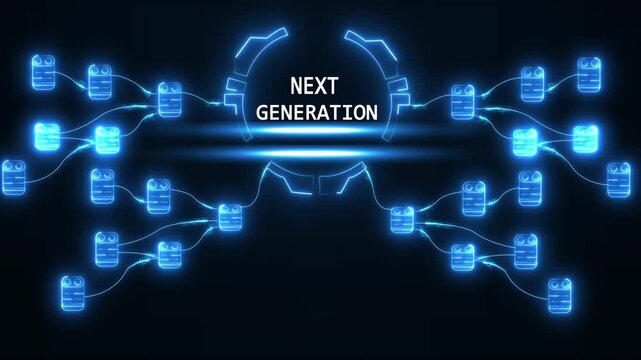 Futuristic network nodes connected by glowing blue lines with next generation text overlay digital technology concept abstract background