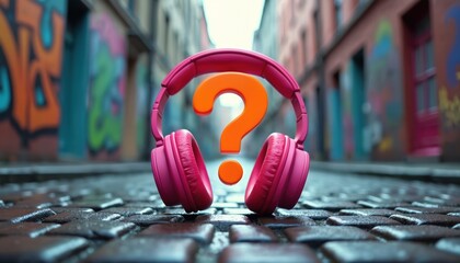 Pink headphones with orange question mark symbol placed on wet cobblestone street in urban setting. Graffiti art on background walls creates vibrant street culture vibe. Inquiry, music, creativity,