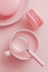 Pink macarons and a magnifying glass in a cup on a pink background