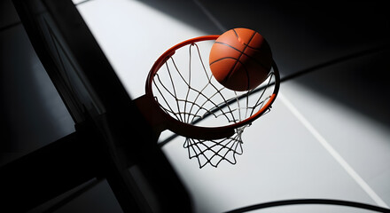 Basketball swooshing through the net in a gymnasium with dramatic lighting, capturing the energy and excitement of the game in a dynamic composition