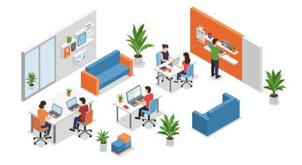 Modern office layout with team collaboration in isometric design