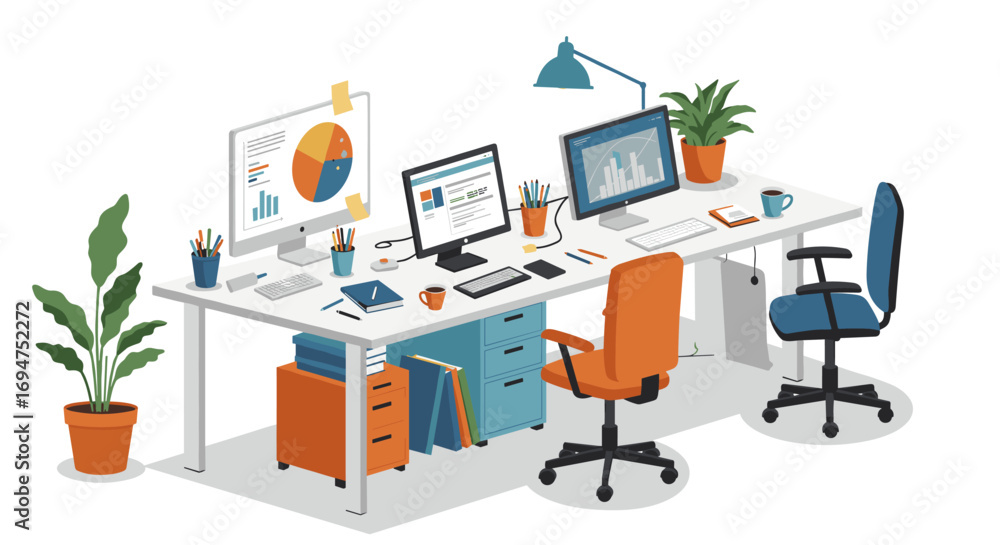 Poster modern office workspace with computers and plants in isometric style
