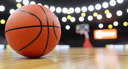 Closeup of a basketball on a polished court with stadium lights in the background, showcasing the texture and detail of the ball