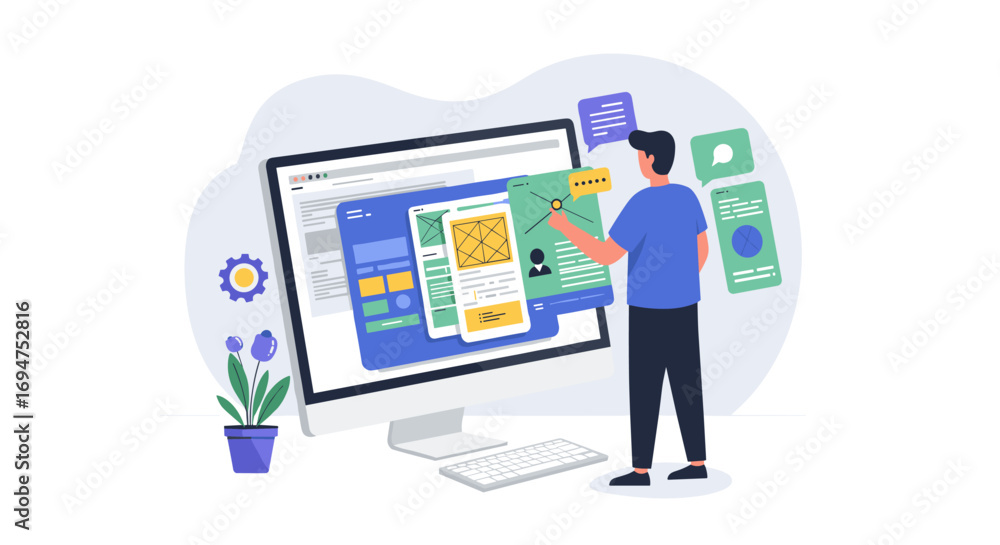 Poster modern web design process with developer and responsive layout elements