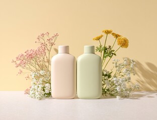 Two pastel-colored bottles surrounded by flowers, styled shot