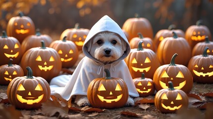 Adorable Dog in Ghost Costume Surrounded by Glowing Halloween Pumpkins Scene