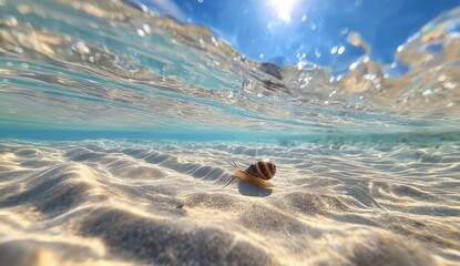 Underwater snail on sandy bottom. Sunlight through the water