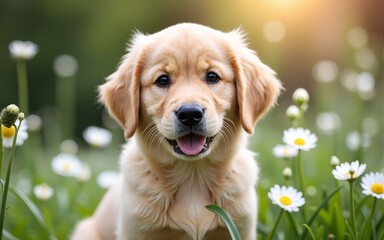 Adorable golden retriever puppy sits in garden of white flowers cute innocent dog celebrating international dog day looking at camera. High quality