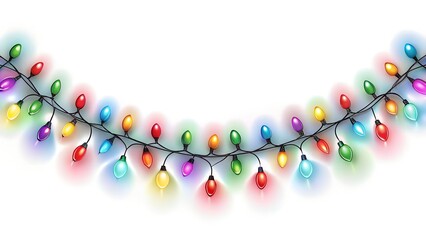 A string of colorful, glowing christmas lights forming an arc on a white background