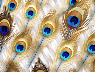 A vibrant close-up of a seamless pattern of peacock feathers, featuring striking blue eyespots and a shimmering gold and white texture.