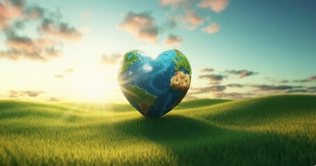 heart shaped planet earth on green grass background blue sky, concept of sustainable environment eco eco friendly ecological bavkground