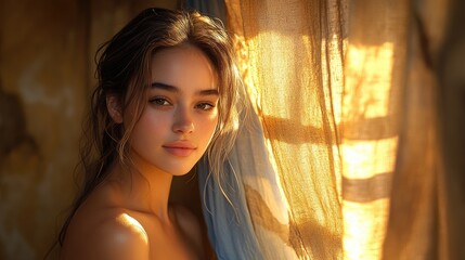 Obraz premium Woman indoors by window, sunlight, soft focus, portrait