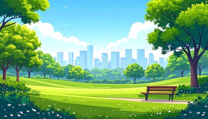 Lush park scene with cityscape view