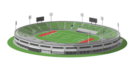 Modern isometric soccer stadium with athletic track and green seats