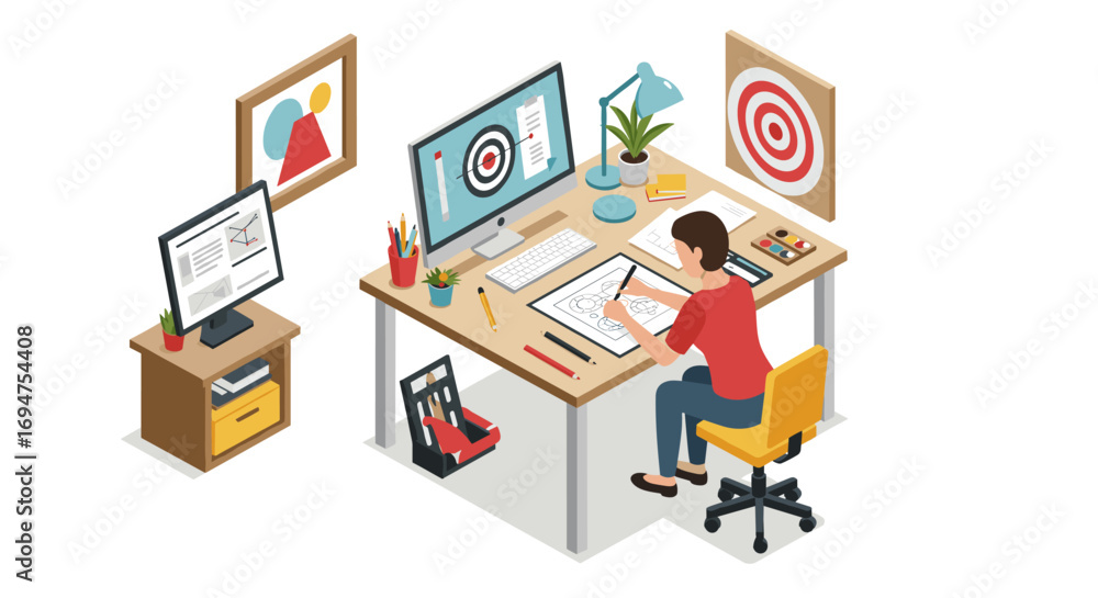 Poster designer at work: isometric home office setup with computer and drawing tools