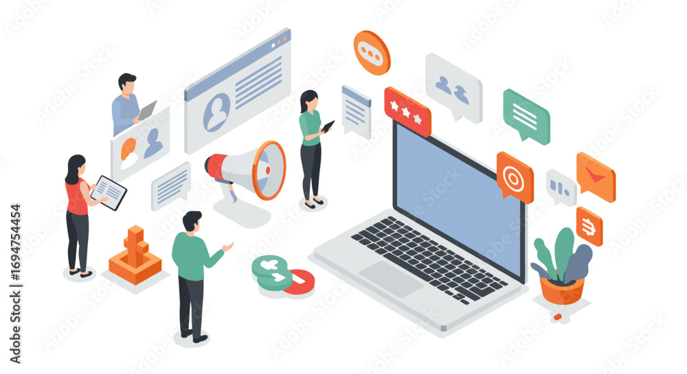 Poster Isometric team collaboration and digital communication concept with laptop and interactive elements