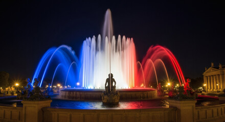 Spectacular illuminated fountain dances with vibrant blue, white, and red water jets at night