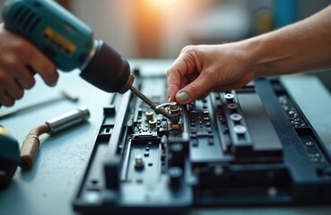 Technician uses electric drill for disassembling device. Hands tighten nuts on circuit board. Repair, maintenance, cleaning of electronic equipment. Technical work with tools on workbench.