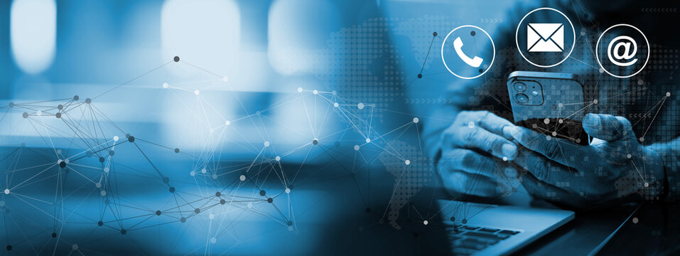 A modern technology concept showing a person using a smartphone with icons for phone, email, and internet communication. customer support, and digital interaction across platforms.