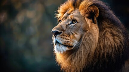 A majestic lion with a golden mane, standing in a forest setting with a blurred background, looking off into the distance with a calm and composed expression.