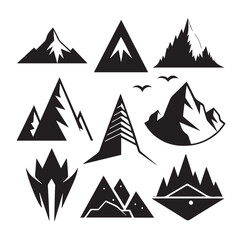 Obraz premium Collection of nine black mountain peak logos and icons, isolated on a white background, representing nature and adventure