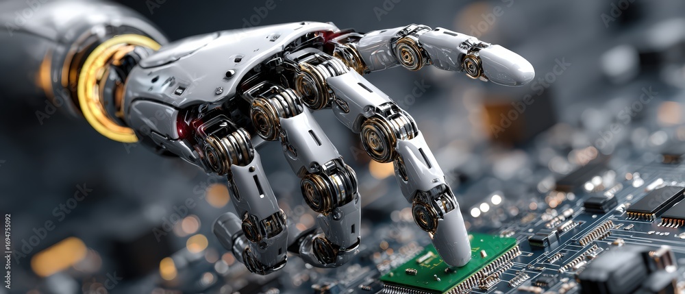 Poster highly detailed robotic hand with advanced fingers pointing at circuit board and microchip in a high