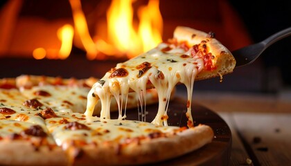 Close-up shot of a pizza being served from an oven, with a slice of melty cheese being lifted. The warm flames of the oven cast a cozy light, creating an appetizing scene