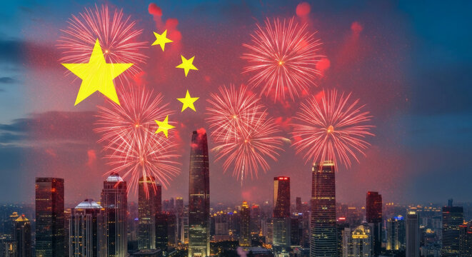 Stunning Chinese flag fireworks illuminate modern cityscape celebrating national pride and prosperity vibrantly